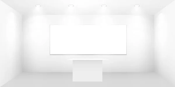 3D sergi standı. Masası olan beyaz, boş bir tanıtım standı. Vektör beyaz, boş geometrik kare. Sunum odası görüntüsü. Boş kutu şablonu