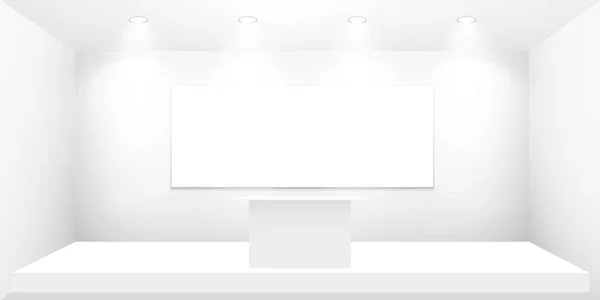 3D выставочный стенд. Белый пустой рекламный стенд со столом. Векторно белый пустой геометрический квадрат. Экспозиция зала презентаций. Шаблон пустой коробки — стоковый вектор