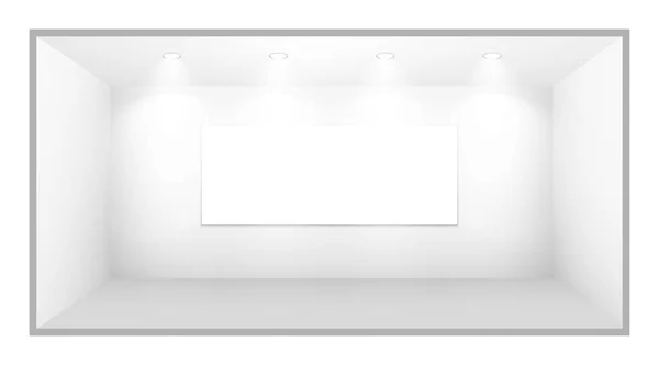 Cabine de exposição 3D. Branco estande promocional vazio com mesa. Vetor branco vazio quadrado geométrico. Apresentação exposição da sala de eventos. Modelo de caixa em branco —  Vetores de Stock