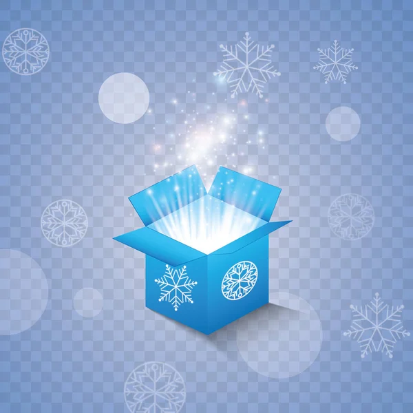 Set di scatole regalo magiche su sfondo blu, neve e ghiaccioli, magia per Natale e Capodanno, compleanno, illustrazioni, regalo, cartolina, congratulazioni, grafica vettoriale. Vettore — Vettoriale Stock