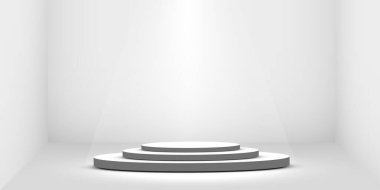 Yuvarlak podyum, beyaz arka plandaki spot ışıklarıyla aydınlatılmış kaide ya da platform. Tasarım platformu. Gerçekçi 3D boş podyum. Sahne manzaralı ışıklar