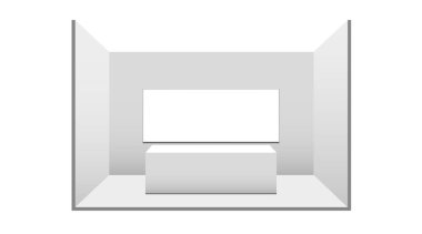 3D sergi standı. Masası olan beyaz, boş bir tanıtım standı. Vektör beyaz, boş geometrik kare. Sunum odası görüntüsü. Boş kutu şablonu