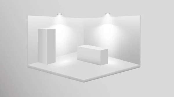 3D sergi standı. Masası olan beyaz, boş bir tanıtım standı. Vektör beyaz, boş geometrik kare. Sunum odası görüntüsü. Boş kutu şablonu