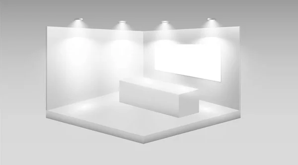 Cabine de exposição 3D. Branco estande promocional vazio com mesa. Vetor branco vazio quadrado geométrico. Apresentação exposição da sala de eventos. Modelo de caixa em branco — Vetor de Stock