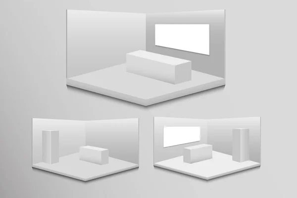Sada 3D expozic. Bílý prázdný reklamní stánek se stolem. Vektorově bílý prázdný geometrický čtverec. Prezentace v zasedačce. Prázdná šablona — Stockový vektor