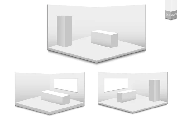 Conjunto de stands de exposição 3D. Branco suporte de publicidade em branco com uma mesa. Vetor branco quadrado geométrico em branco. Apresentação da sala de conferências. Modelo em branco — Vetor de Stock