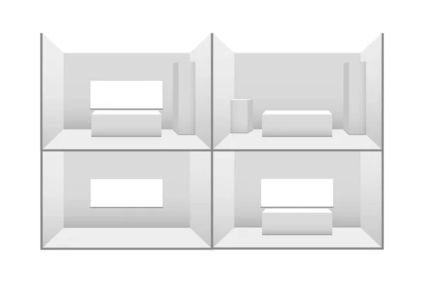 3D-s kiállítási standok sorozata. Fehér üres hirdetőpult íróasztallal. Vektor fehér üres geometriai négyzet. Konferenciaterem prezentáció. Üres sablon — Stock Vector