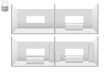 3D sergi seti. Masası olan beyaz, boş bir reklam standı. Vektör beyaz, boş geometrik kare. Konferans odası sunumu. Boş şablon