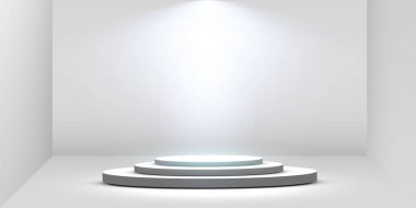 Yuvarlak podyum, beyaz arka plandaki spot ışıklarıyla aydınlatılmış kaide ya da platform. Tasarım platformu. Gerçekçi 3D boş podyum. Sahne manzaralı ışıklar