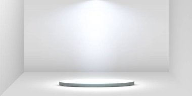 Yuvarlak podyum, beyaz arka plandaki spot ışıklarıyla aydınlatılmış kaide ya da platform. Tasarım platformu. Gerçekçi 3D boş podyum. Sahne manzaralı ışıklar