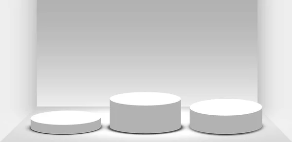 Podium rond, socle ou plate-forme éclairée par des projecteurs sur fond blanc. Plateforme de conception. podium vide 3D réaliste. Scène avec lumières scéniques — Image vectorielle