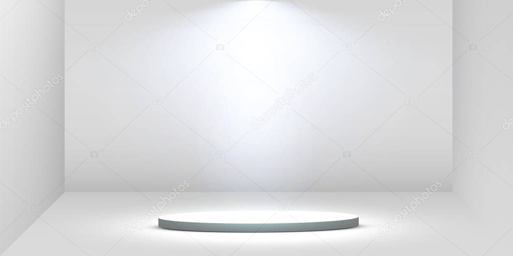 Round podium, pedestal or platform illuminated by spotlights on white background. Platform for design. Realistic 3D empty podium. Stage with scenic lights