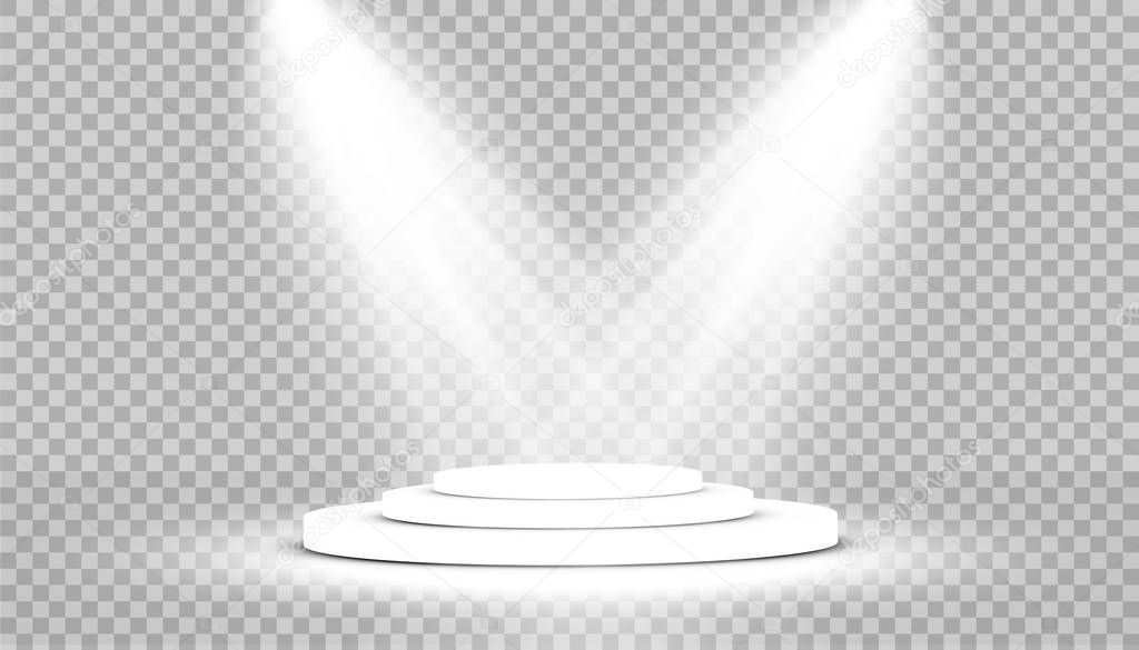 Round podium, pedestal or platform illuminated by spotlights on transparent background. Platform for design. Realistic 3D empty podium. Stage with scenic lights