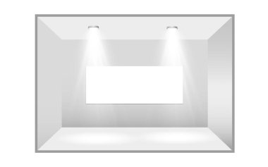 3D sergi standı. Masası olan beyaz, boş bir tanıtım standı. Vektör beyaz, boş geometrik kare. Sunum odası görüntüsü. Boş kutu şablonu