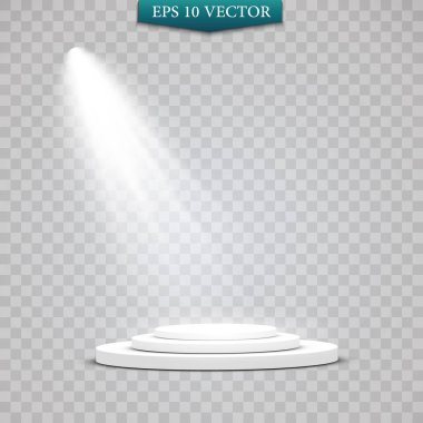 Yuvarlak podyum, beyaz arka plandaki spot ışıklarıyla aydınlatılmış kaide ya da platform. Tasarım platformu. Gerçekçi 3D boş podyum. Sahne manzaralı ışıklar