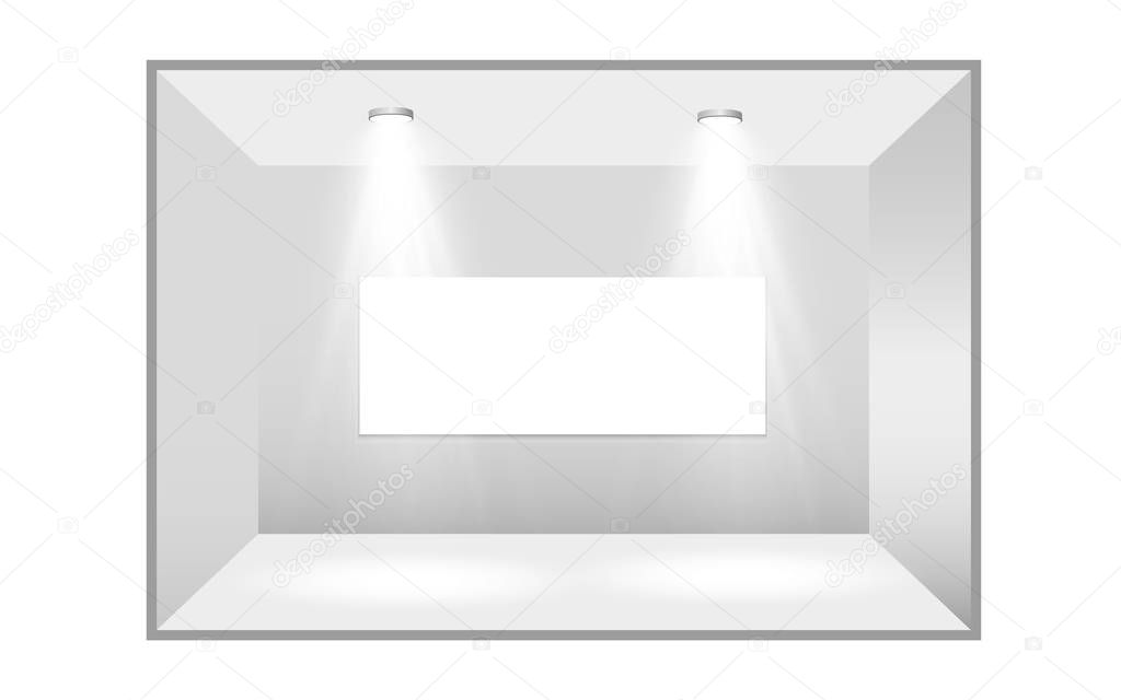 3D exhibition booth. White empty promotional stand with desk. Vector white empty geometric square. Presentation event room display. Blank box template