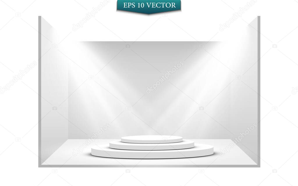 Round podium, pedestal or platform illuminated by spotlights on white background. Platform for design. Realistic 3D empty podium. Stage with scenic lights
