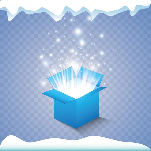 Conjunto de cajas de regalo mágicas sobre fondo azul, nieve y carámbanos, magia para Navidad y Año Nuevo, cumpleaños, ilustraciones, regalo, postal, felicitaciones, gráficos vectoriales. Vector — Vector de stock