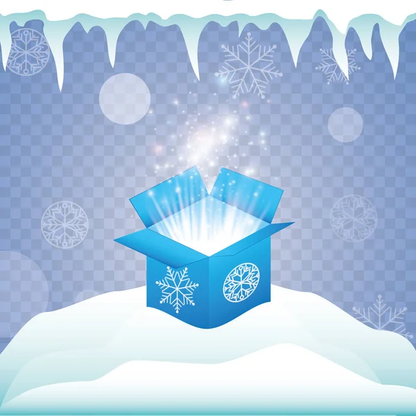 Συλλογή από μαγικά κουτιά δώρου σε μπλε φόντο, χιόνι και παγάκια, μαγεία για τα Χριστούγεννα και την Πρωτοχρονιά, γενέθλια, εικονογραφήσεις, δώρο, καρτ ποστάλ, συγχαρητήρια, διανυσματικά γραφικά. Διάνυσμα — Διανυσματικό Αρχείο