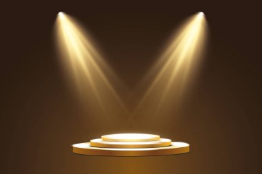 Sahne ışıklandırması, podyum veya platform koleksiyonu, şeffaf efektler. Spot ışıklarıyla parlak bir ışık. Işık etkisi. Projektör.