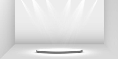 Yuvarlak altın podyum, beyaz arka plandaki spot ışıklarıyla aydınlatılmış kaide ya da platform. Tasarım platformu. Gerçekçi 3D boş podyum. Sahne manzaralı ışıklar