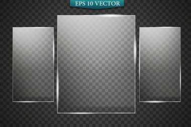 Cam levhalar yerleştirildi. Şeffaf bir arkaplanda vektör cam pankartlar. Bardak. Cam resimler. Renk çerçeveleri.