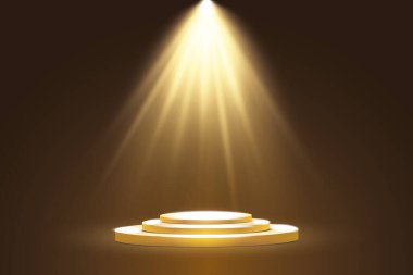 Sahne ışıklandırması, podyum veya platform koleksiyonu, şeffaf efektler. Spot ışıklarıyla parlak bir ışık. Işık etkisi. Projektör.