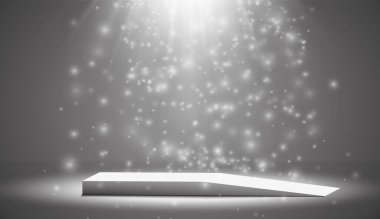 Yuvarlak podyum, beyaz arka plandaki spot ışıklarıyla aydınlatılmış kaide ya da platform. Tasarım platformu. Gerçekçi 3D boş podyum. Sahne manzaralı ışıklar