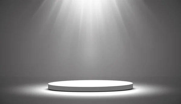 Yuvarlak podyum, beyaz arka plandaki spot ışıklarıyla aydınlatılmış kaide ya da platform. Tasarım platformu. Gerçekçi 3D boş podyum. Sahne manzaralı ışıklar