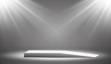 Yuvarlak podyum, beyaz arka plandaki spot ışıklarıyla aydınlatılmış kaide ya da platform. Tasarım platformu. Gerçekçi 3D boş podyum. Sahne manzaralı ışıklar