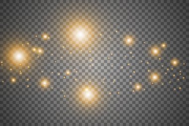 Parlak ışık efektini beyaz kıvılcımlarla ve altın yıldızları özel ışıkla parlat. Beyaz parlayan ışık. Işınlardan gelen yıldız ışığı. Güneş arkadan vuruyor. Parlak güzel yıldız. Güneş ışığı. EPS10.