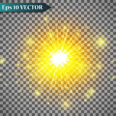 Parlak ışık efektini beyaz kıvılcımlarla ve altın yıldızları özel ışıkla parlat. Beyaz parlayan ışık. Işınlardan gelen yıldız ışığı. Güneş arkadan vuruyor. Parlak güzel yıldız. Güneş ışığı. EPS10.