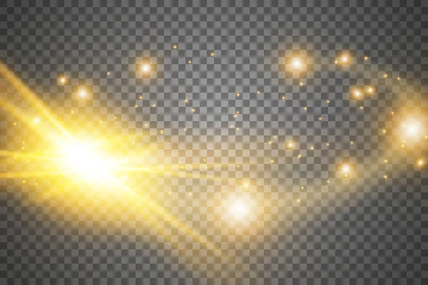 Definir o efeito de luz de brilho com faíscas brancas e estrelas douradas brilhar com luz especial. Star Light dos raios. O sol está iluminado. Uma bela estrela brilhante. Luz solar. EPS10 . — Vetor de Stock