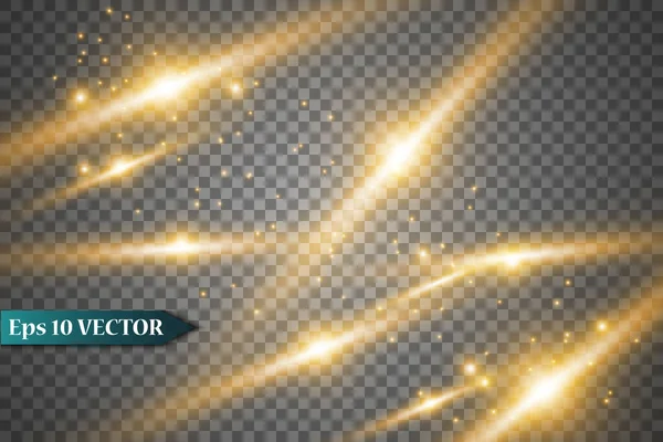 Set glow light effect with white sparks and golden stars shine with special light.White glowing light. Star Light from the rays. The sun is backlit. Bright beautiful star. Sunlight. EPS10. — Stock Vector