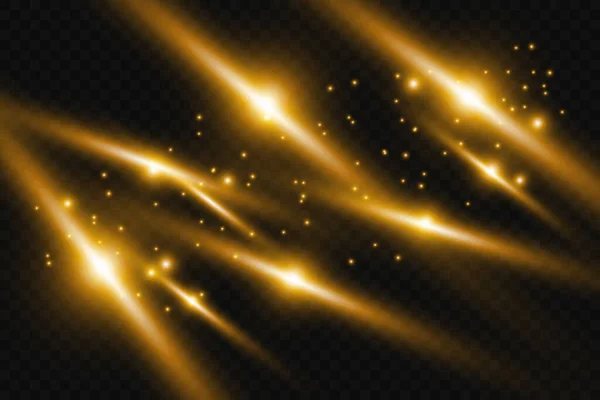 Sätt glöd ljuseffekt med vita gnistor och gyllene stjärnor lysa med speciell ljus.Vit glödande ljus. Star Light från strålarna. Solen är baklyst. Ljusa vackra stjärna. Solljus. EPS10. — Stock vektor