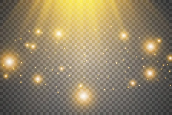Встановити ефект сяючого світла з білими іскрами та золотими зірками, що сяють спеціальним світлом. Біле сяюче світло. Зоряне світло від променів. Сонце підсвічується. Яскрава красива зірка. Сонячне світло. ЕПС10 . — стоковий вектор