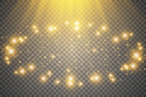 Állítsa ragyogó fény hatása fehér szikrák és arany csillagok ragyog a különleges fény.Fehér izzó fény. Csillagfény a sugarakból. Hátul süt a nap. Fényes, gyönyörű csillag. Napfény. EPS 10. — Stock Vector