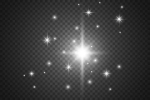 Establecer efecto de luz brillante con chispas blancas y estrellas doradas brillan con luz especial. Luz estelar de los rayos. El sol está retroiluminado. Brillante hermosa estrella. Luz del sol. EPS10 . — Vector de stock