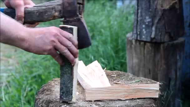 Iemands hand houden van een bijl en een klein stukje hout hakken in dunne aanmaakhout — Stockvideo