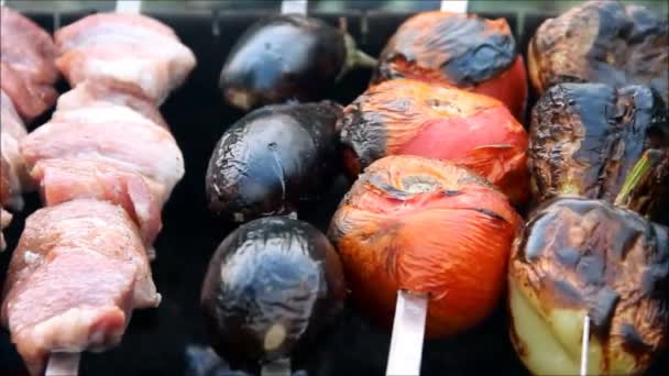 Mięso i warzywa przygotowywane na szaszłyki — Wideo stockowe