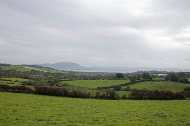 Dağlar ve deniz bir fon ile tarımsal bir sahne
