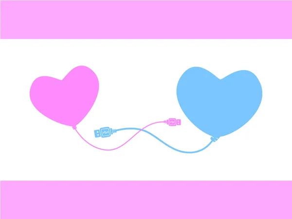 Rosa Herz verbindet blaues Herz mit Kabel — Stockvektor
