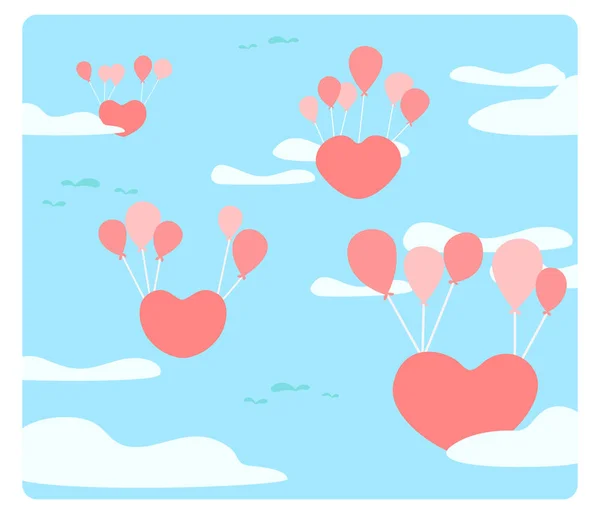 Herz schwebt mit Luftballons am Himmel — Stockvektor