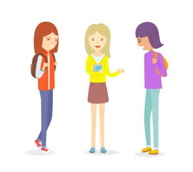 Genç kız açık konuşan grup, kız arkadaşı, yeni arkadaşıma iki kız öğrenciler için yeni arkadaşım tanıttı, arkadaşlığı kurmak, kız arkadaşım, üç öğrenci konuşurken ona kendini tanıtmak
