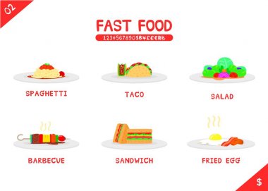 Fast food menü spagetti taco Barbekü sandviç ve kızarmış yumurta, beyaz arka plan, adı numarası ve para sembolleri, renkli karikatür tarzı, düz vektör izole simge kümesi simge stilize