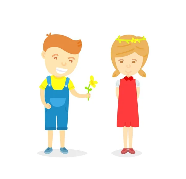 Zeichentrickfigur Von Jungen Und Mädchen Liebevollem Konzept Junge Schenkt Blume — Stockvektor