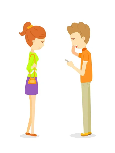 Mann Spricht Mit Frau Baut Freundschaft Auf Junger Mann Flirtet — Stockvektor