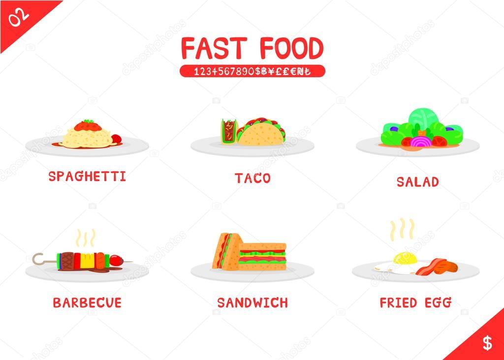 Set of fast food menu spaghetti taco salad barbecue sandwich and fried egg, Flat vector isolated icon on white background, Name number and money symbols, Colorful cartooning style, stylized icon