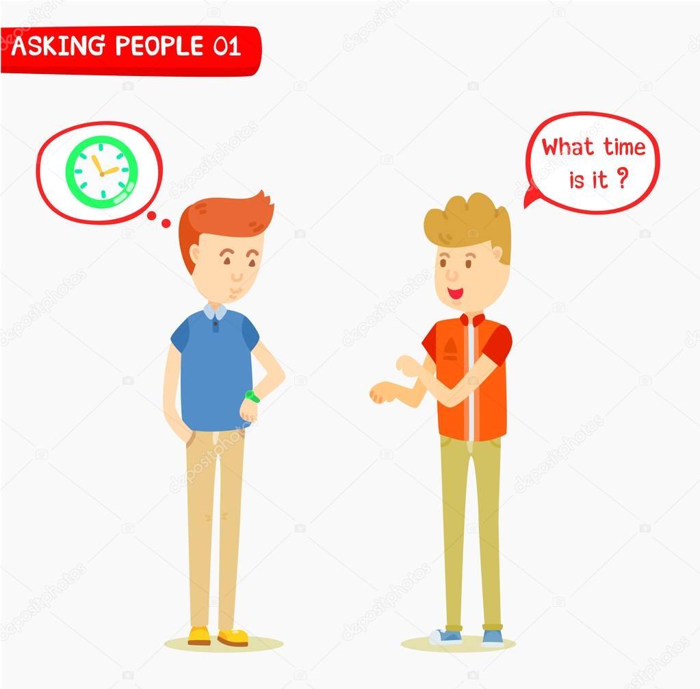 Young man ask the time to his friend, Two man talking about the time, What time is it ?, Hand gestures, Message Box, Mindset box, Man waiting for time, engage, ask for help, Casual guy character