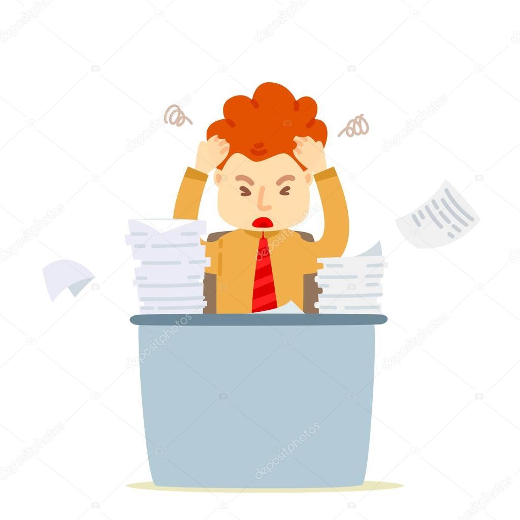 Vector cartoon businessman vary busy and strain, Document paper pile of work, Depressed and exhausted, Stress or tension, Work hard, Businessman unsuccessful, Serious, Working failed, Headache